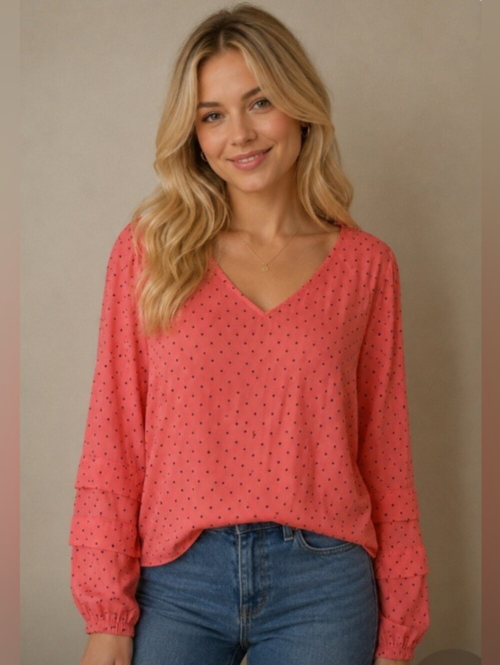 Worthington Coral V-Neck Dot Blouse Size 1X